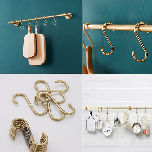 12-Pack 3.95" Brass S Hooks for Hanging – Heavy-Duty S-Shaped Hook for Coffee Cups Mug Coat Clothes Storage Hangers Kitchen Pot Pan Racks...