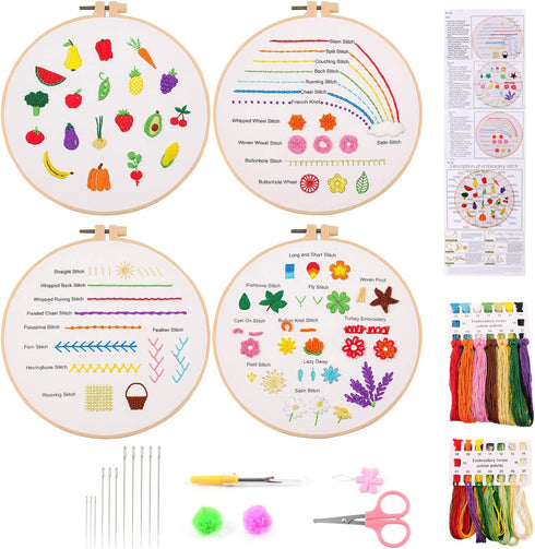 MAMUNU Embroidery Stitches Practice Kit, 4 Set Floral Hand Embroidery Kit for Beginners, Starter Kit for Adults Kids Easy, Includes Embroidery Hoo...