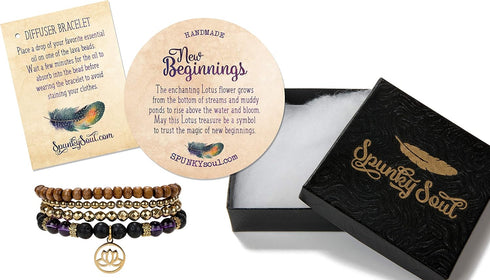 SPUNKYsoul Lotus New Beginnings Bracelet Hematite Amethyst and Lava for healing Stack Bracelet Set Collection...
