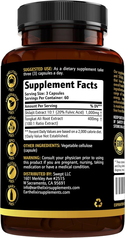 Shilajit 1000mg & Tongkat Ali 400mg (180 capsules) Made in USA-Shilajit Supplement (20% Fulvic Acid) Shilajit Pure Himalayan Organic & Tongkat Ali...