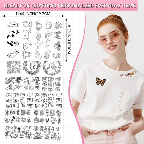 192Pcs Hand Embroidery Patterns, Water Soluble Embroidery Patterns with Pre-Printed 26Letters,Flower,Mushrooms,Butterfly,Puppy,Cat for Hand Sewing...