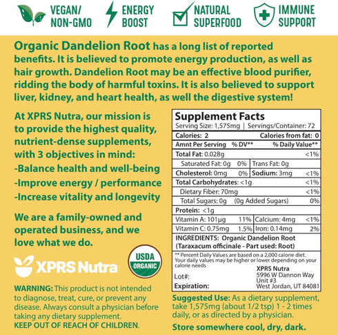 XPRS Nutra Organic Dandelion Root Powder - Vegan Friendly Antioxidant Power for Liver Support - Dandelion Root for Tea and Beverages - Immune Boos...