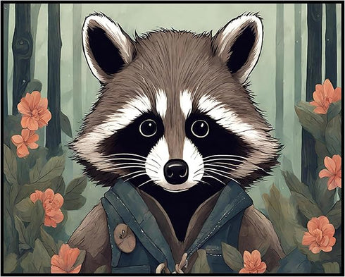 Posterizer 1 pcs- A raccoon in a jungle with pink flowers-Art for Animal Lovers-Floral Botanical Art- Gift for Men Women Entrepreneur Teens-Decor ...