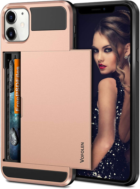 Vofolen Compatible with iPhone 12 Case 5G Wallet Cover Credit Card Holder Slot Sliding Back Pocket Anti-Scratch Dual Layer Protective Compatible w...