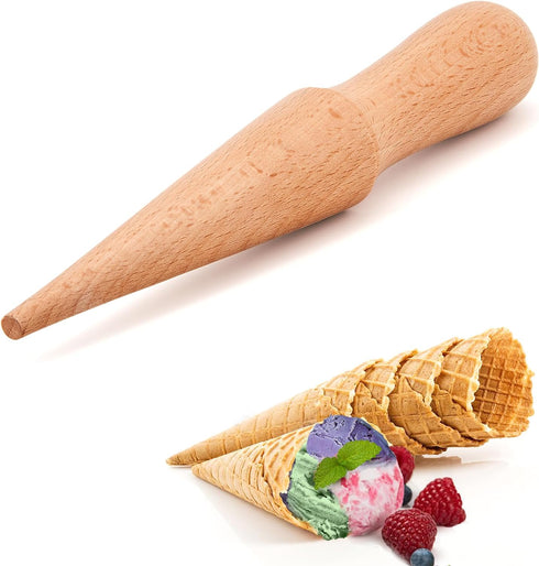 Ice Cream Waffle Cone Roller – 8.6 Inch Strong & Smooth krumkake cone roller - Wooden Pizzelle Cone Mold – Non-Slip Handle Waffle Cone Shaper Tool...