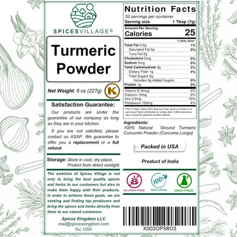 SPICES VILLAGE Turmeric Powder (8 oz) - Natural Pure Ground Turmeric Root with Curcumin, Indian Raw Turmeric, Great for Tea or Latte - Kosher Cert...