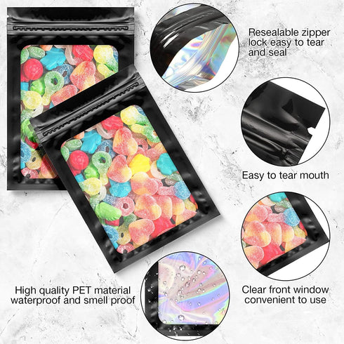 100 Pieces Smell Proof Bags Holographic Piecesaging Bags Storage Bag with Clear Window for Food Storage (Black Color,2.4 * 3.9 Inch)...