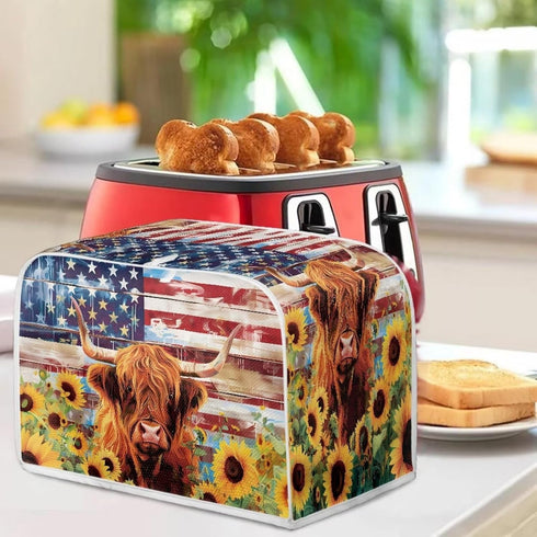 American Flag Toaster Cover 2 Slice Wide Slot, Highland Cow Sunflower Print Bread Maker Cover Toaster Covers, Washable Stain Resistant Small Appli...