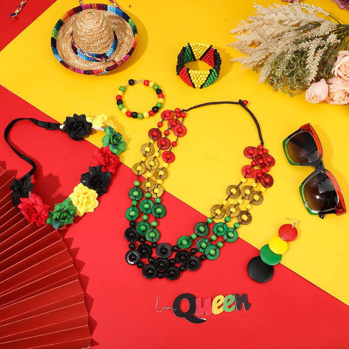 7 Pieces Jamaica African Jewelry for Women, Rasta African Beads Earrings Afro Beaded Bracelet Queen Wooden Earrings Bohemian Coconut Shell Necklac...