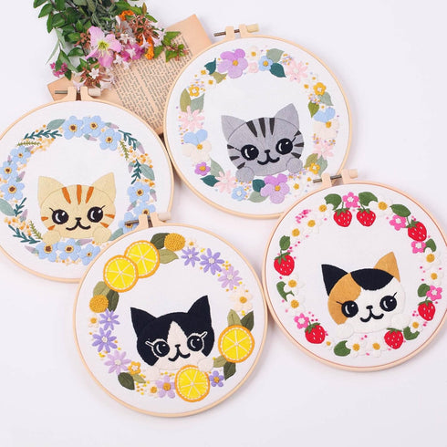 Harimau 4pcs Beginner Embroidery Kit,Cute cat Pattern,Cross Stitch Kits, Including Stamped Embroidery Cloth with 2 Embroidery Hoops, Multicolor Co...