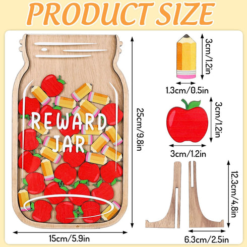 Back to School Wooden Reward Jar Apple Pencil Wooden Cutouts Positive Incentive Behavior Chart with Wooden Base Management Tools for Student Teach...