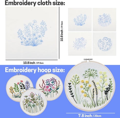 4 Set Embroidery Starter Kit for Beginners, Needlepoint Cross Stitch Kits with Pre-Stamped Flower, Instructions, Bamboo Hoops, Color Threads, Tool...