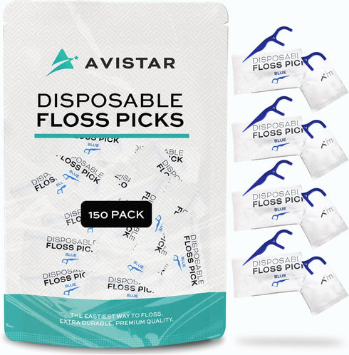 150 Individually Wrapped Floss Picks - Blue Travel Floss Picks - Easy Grip Disposable Floss Picks - Dental Flossers for Teeth - Gently Removes Pla...