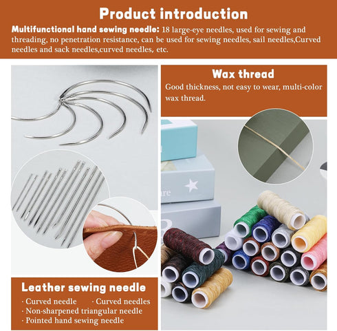 Leather Sewing Kit, Basic Hand Sewing Starter Set for Beginner, Leather Sewing Needle and 24-Color Waxed Thread Kit for Adults, Beginner, Home Tra...
