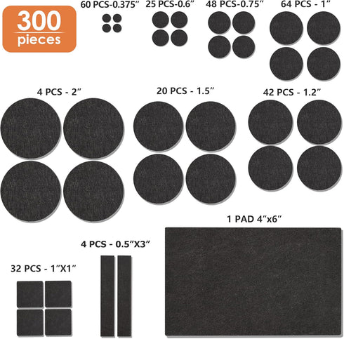 Felt Furniture Pads 300 Pieces, Furniture Pads for Hardwood Floors, Felt Pads for Chair Legs Furniture, Floor Protectors for Furniture Black...