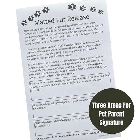Dog Grooming Matted Fur Release Forms (Pad of 100, 5.5 X 8.5 Inches) Dog groomer forms addressing mats for Grooming Salon...