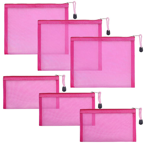 6 Pack Mesh Cosmetic Bags, Nylon Makeup Pouches with Zipper for Home Office Purse Diaper Bag (Rose)...