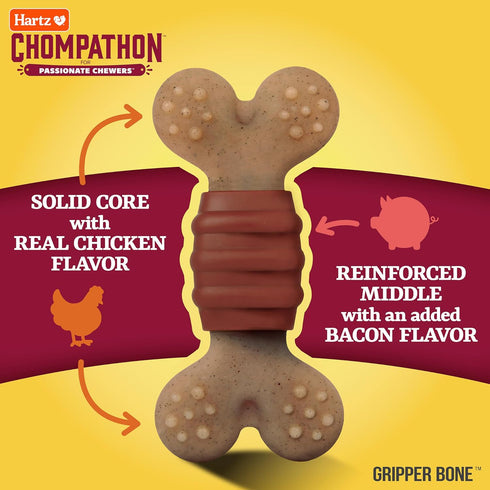 Hartz New Chompathon Gripper Bone Dog Chew Toy for Aggressive Chewers, Double Layered Flavored with Chicken & Bacon...