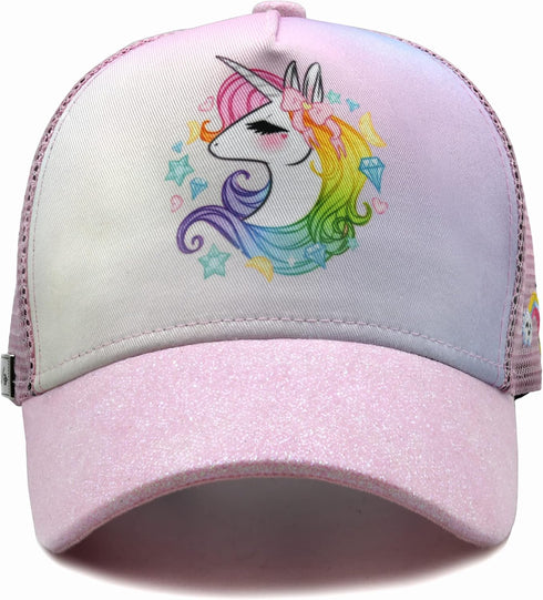 Cute Unicorn Hat for Girls Adjustable Mesh Trucker Cap for Kids 3-10 Ages Pink...