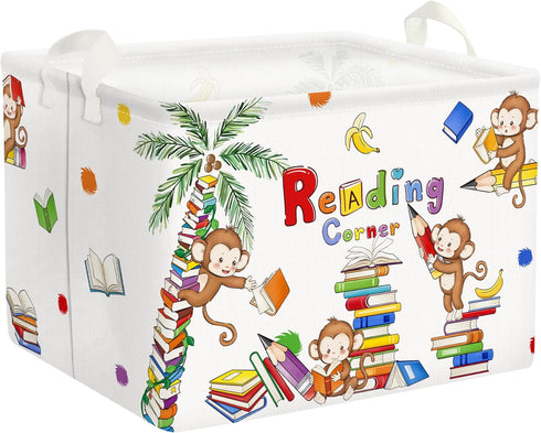 Clastyle Reading Corner School Classroom Book Basket with Handle 36L Large Monkey Book Tree Shelf Basket for Kid Room Nursery Collapsible Rectangl...