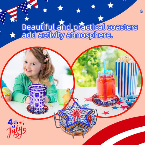 JHGCVX 10 Pcs 4th of July Diamond Painting Coasters Kit,Diamond Art Coasters with Holder,Independence Day Diamond Painting Coasters for Adults Beg...