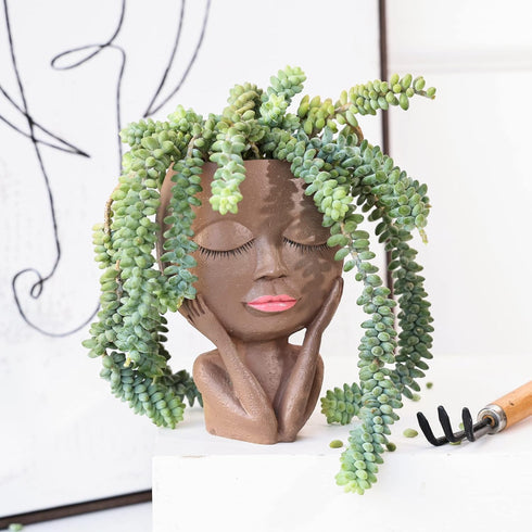 AIMEBBY Face Flower Pot Head Planter Pot Succulent Planter Cute Resin Cactus Planter with Drainage Hole Closed Eyes,Black...