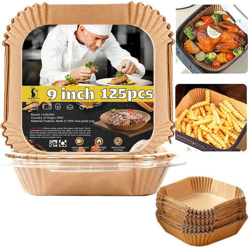 Air Fryer Disposable Paper Liner Square 9 Inch, 125 Pcs Large Paper Liners for 6-10QT Air fryer, Non-stick Parchment Paper for Frying, Baking, Coo...