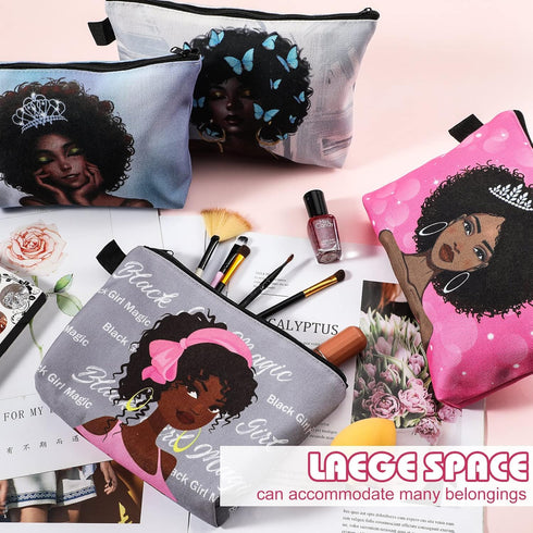Chunful 9 Pcs Black Women Makeup Bag African American Make up Pouch Bags Canvas Travel Cosmetic Bags for Women Queen Zippered Toiletry Bag Reusabl...