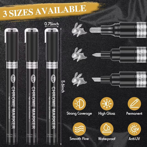 Liquid Mirror Chrome Markers - 3Pcs Silver Waterproof Reflective Gloss Chrome Pens for Plastic, Metal, Glass, Ceramic, Resin Supplies, Painting or...