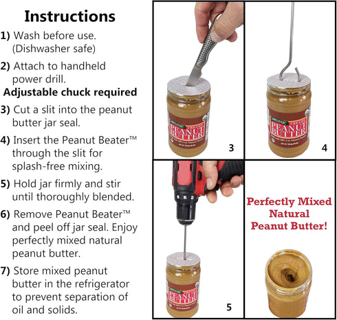 Peanut Beater™: Stirring tool for natural peanut butter, fast mixing stirrer utensil, easy to clean mixer, handheld power drill attachment...