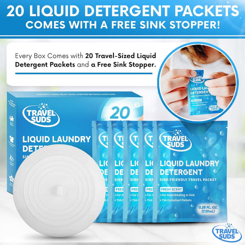 TravelSuds Laundry Detergent Sink Packets (20 pack) | Travel Laundry Detergent for Hand Washing in the Sink, Includes Free Sink Stopper | Pack of ...