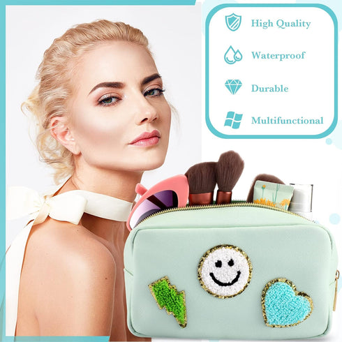 4 Pcs Chenille Bag Preppy Patch Makeup Bag Cosmetic Bag Chenille Letters Toiletry Bag PU Leather Waterproof Portable Pouch Travel Organizer (Blue,...