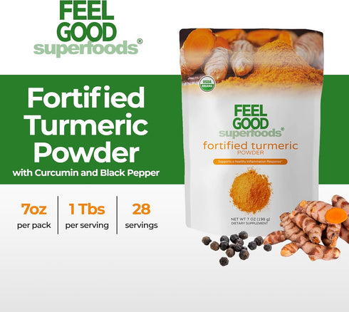 FeelGood Organic Superfoods Fortified Turmeric Powder with Curcumin and Black Pepper, 95% Curcuminoids, Immune Support, Vegan, Gluten Free, Non-GM...