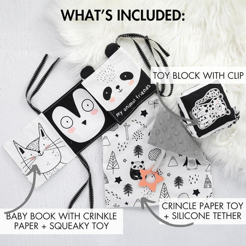 The Ultimate Tummy Time Toys Set of 3 - Soft High Contrast Book, Toy Block, Crinkle Paper and Teether - Stimulating Black & White Sensory Developm...