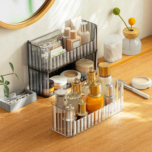 LINFIDITE Stackable Makeup Organizer Tray 2 Pack Clear Vanity Organizer, Cosmetic Display Case with 4 Removable Dividers 2 Lipgloss Holders 2 Cott...
