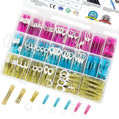 TICONN 250Pcs Heat Shrink Wire Connectors, Waterproof Automotive Marine Electrical Terminals Kit, Crimp Connector Assortment, Ring Fork Spade Spli...