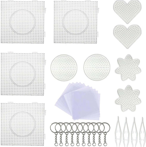 Allazone 5 mm 10 Pack Fuse Beads Boards, Large Round Square Clear Plastic Pegboards with 6 PCS White Beads Tweezers, 10 PCS Ironing Paper and Keyc...