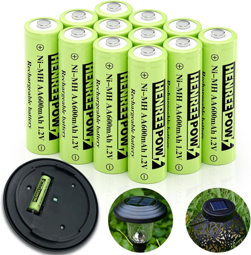 Henreepow 12-Pack Rechargeable AA Solar Batteries Ni-Mh 1.2v 600mAh Pre-Charged Double A Battery for Outdoor Solar Garden Landscape Lights...