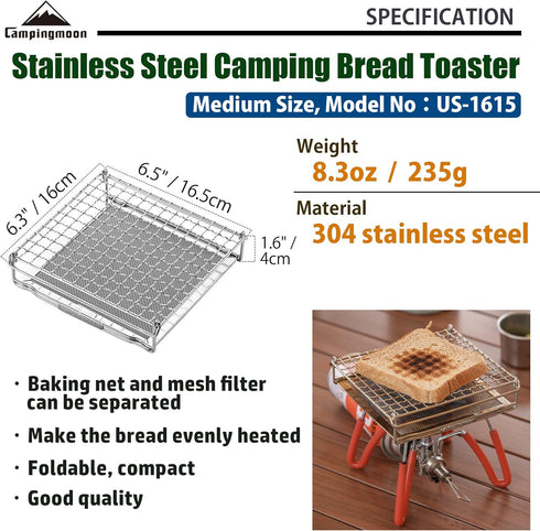 CAMPINGMOON Camping Toaster for Gas Stove Top Fire Grill Grid 304 Stainless Steel Bread Toasters Cooking Grill With Anti Scalding Mesh Fork Medium...