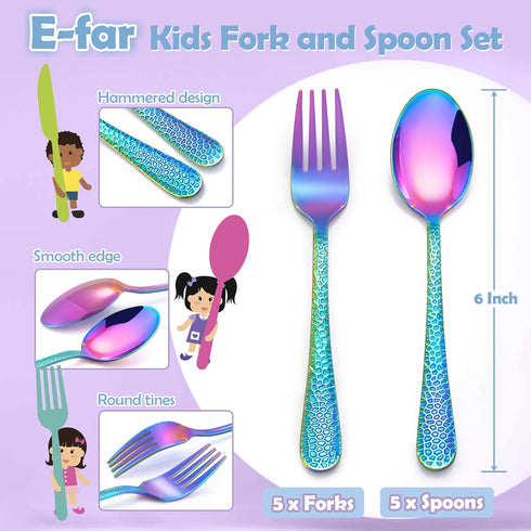 E-far Toddler Forks and Spoons Set, 10-Piece Stainless Steel Toddler Utensils Kids Safe Silverware for Self Feeding, Healthy & Non-Toxic, Rainbow...