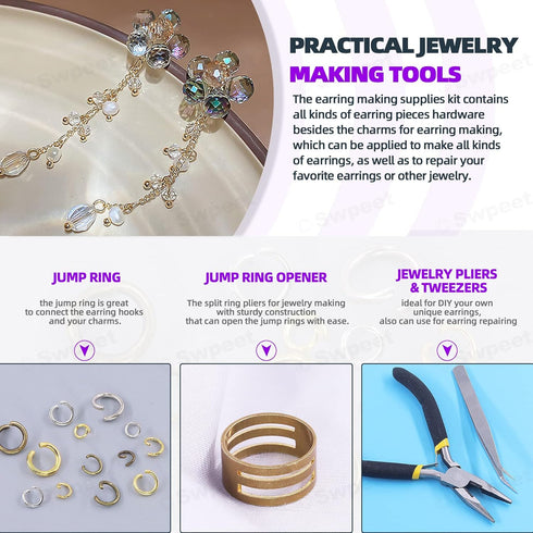 Swpeet 3053Pcs 3 Colors 4mm 6mm 8mm 10mm Earring Making Kit, Including Earring Posts, Gold Earring Backs, Open Jump Rings, Needle Nose Pliers, Elb...