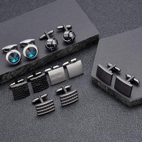 Akeoqi 6 Pairs Cufflinks for Men Classic Tone Cufflinks Black Striped Disc Square CZ Spherical Knot Rectangle Cuff Links Shirt Suit Cufflinks...