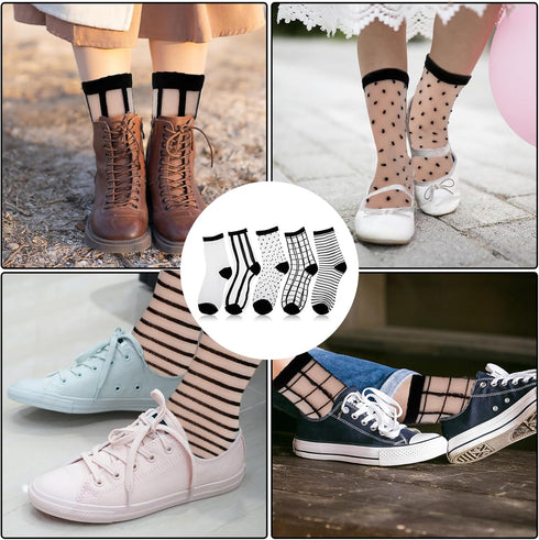 5Pairs Sheer Ankle Socks Black See Through Socks Striped Plaid Dot Cute Transparent Socks for Women Girls...