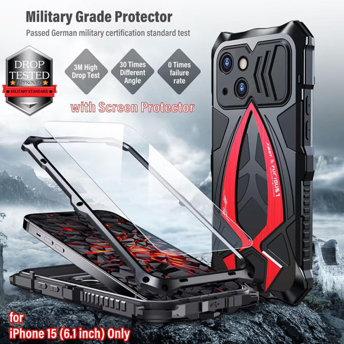 Armor Phone Case for iPhone 15 Military Grade Drop Tested 360 Full Protection Cover Heavy Duty Hybrid Metal Bumper Built-in Silicone Shockproof Du...