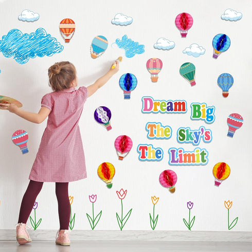 TaoBary 84 Pcs 3D Hot Air Balloon Honeycomb Bulletin Board Set Caterpillars Balloon Bulletin Board Cutouts Honeycomb Apple Popcorn Classroom Bulle...