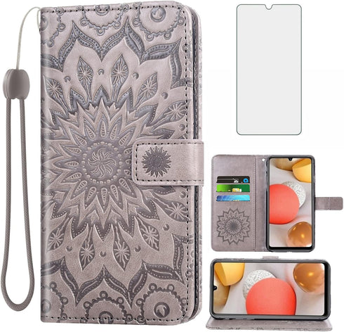 Phone Case for Samsung Galaxy A42 5G Wallet Cases with Tempered Glass Screen Protector Sunflower Leather Slim Flip Cover Card Holder Stand Cell Ac...