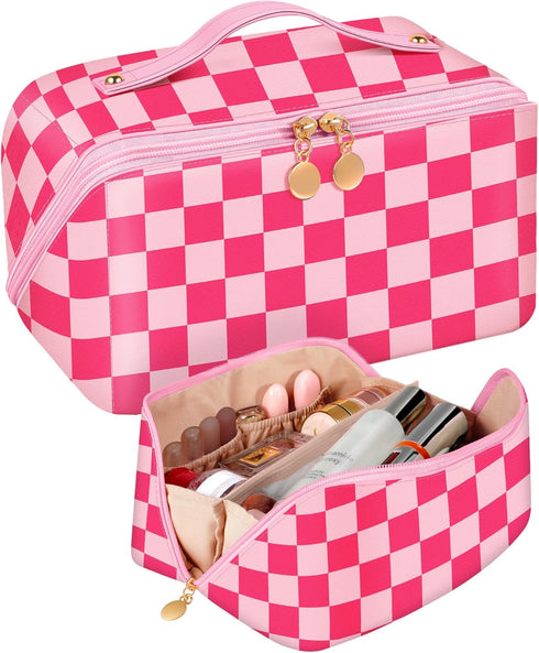 Bistup Makeup Bag Travel Cosmetic Bag Toiletry Make Up Bags Cute Women Large Capacity Big Medium Leather Checkered Plaid Hotpink Aesthetic Girl Te...