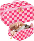 Bistup Makeup Bag Travel Cosmetic Bag Toiletry Make Up Bags Cute Women Large Capacity Big Medium Leather Checkered Plaid Hotpink Aesthetic Girl Te...