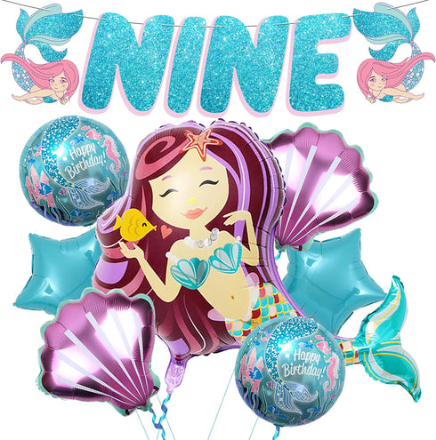 Giant Mermaid 9th Birthday Decorations for Girls - Pack of 8 | Mermaid Party Decorations with Balloons & Favors...
