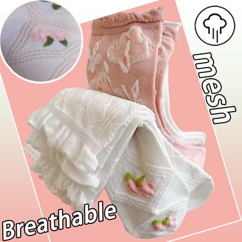Cute Pink White Floral Women Ankle Sock Stripe Lettuce Trim Knitted Comfy Embroidered Girl Sock Gift 4 & More Pairs...
